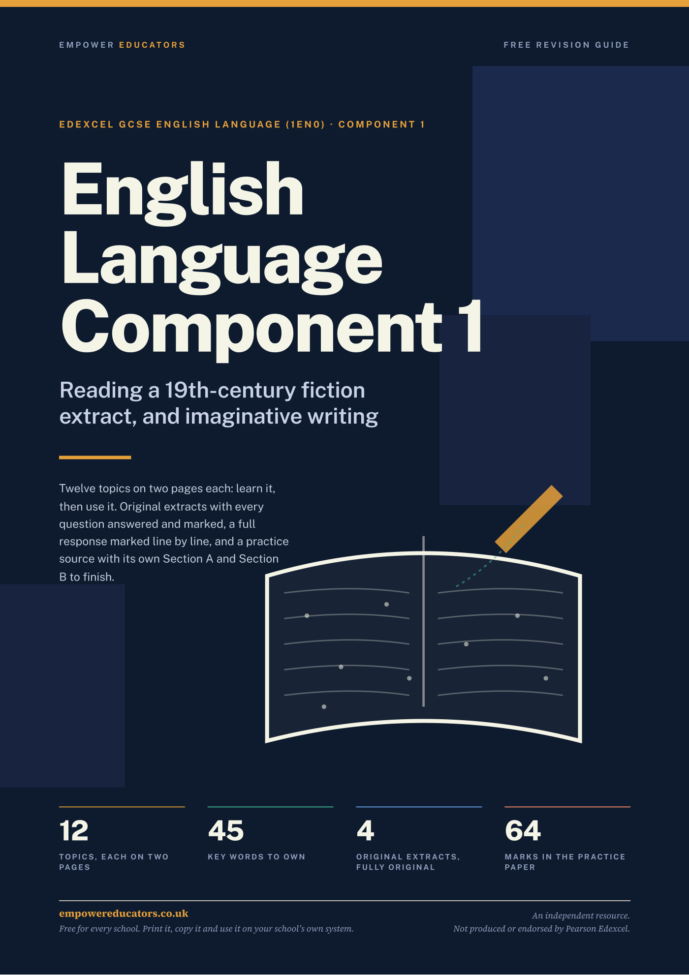 Cover of the English Language Component 1 revision guide, Edexcel edition, on a navy page below the title