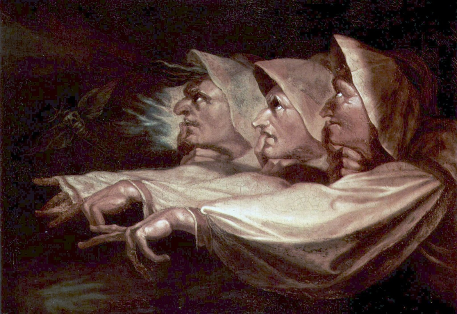 Henry Fuseli’s painting of the three witches from Macbeth, cloaked and in profile, their arms outstretched and pointing together into the dark