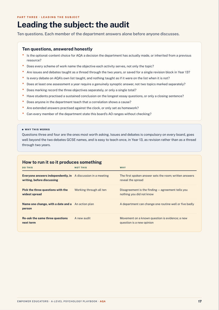 Leading the subject: the audit (tool) · AQA A Level Psychology Assessment Objectives — Exam Preparation, page 17