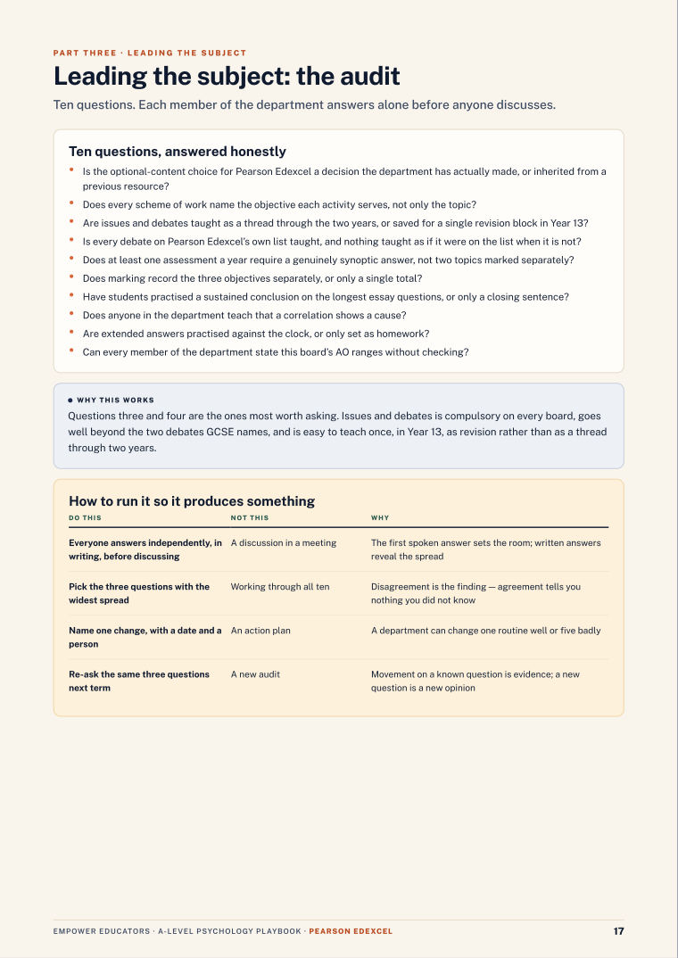 Leading the subject: the audit (tool) · Pearson Edexcel A Level Psychology Assessment Objectives — Exam Preparation, page 17