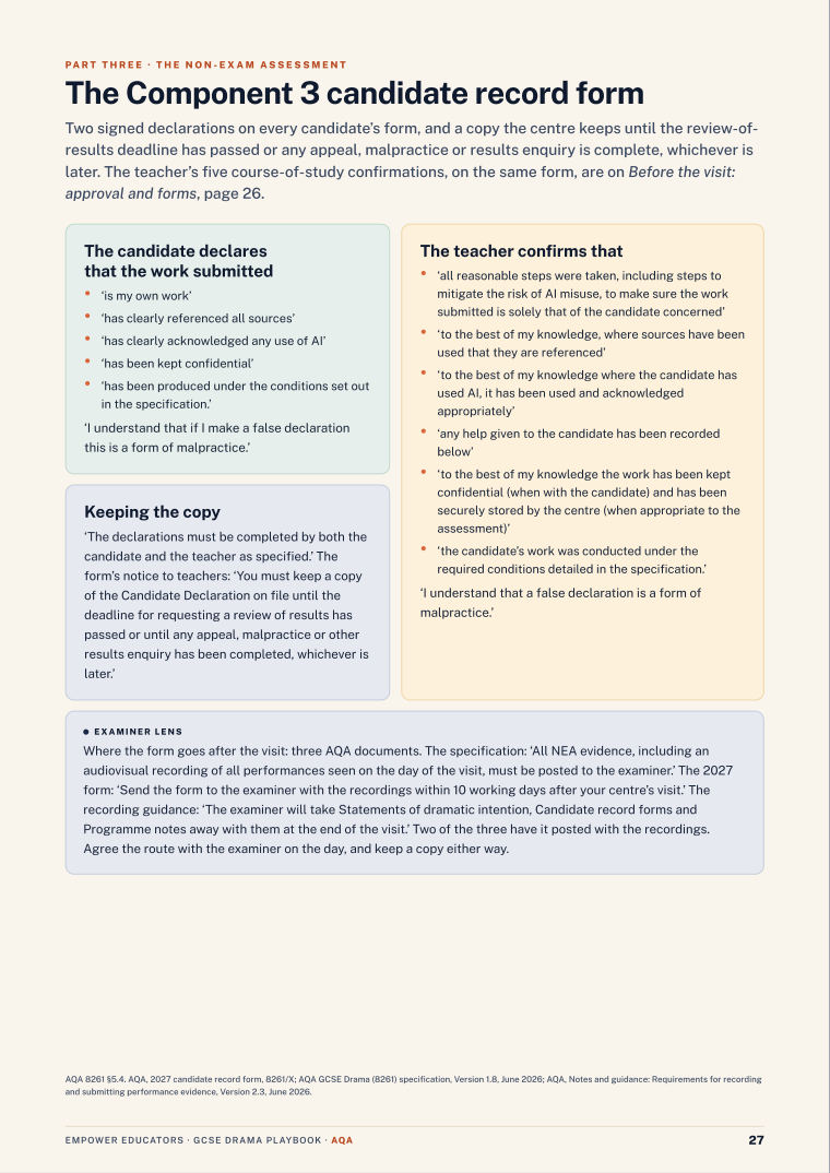 The Component 3 candidate record form · AQA GCSE Drama Assessment Objectives — Exam Preparation, page 27