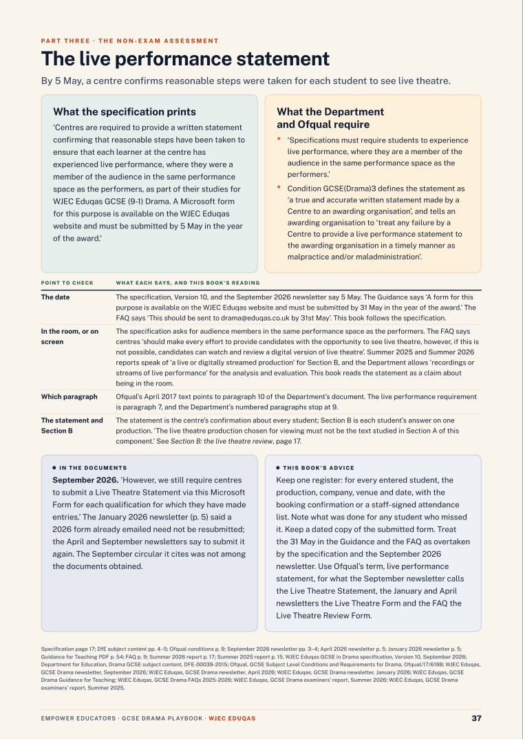 The live performance statement · WJEC Eduqas GCSE Drama Assessment Objectives — Exam Preparation, page 37
