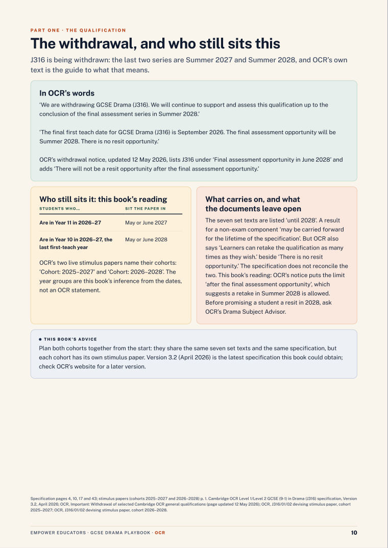 The withdrawal, and who still sits this · OCR GCSE Drama (J316) Assessment Objectives — Exam Preparation, page 10