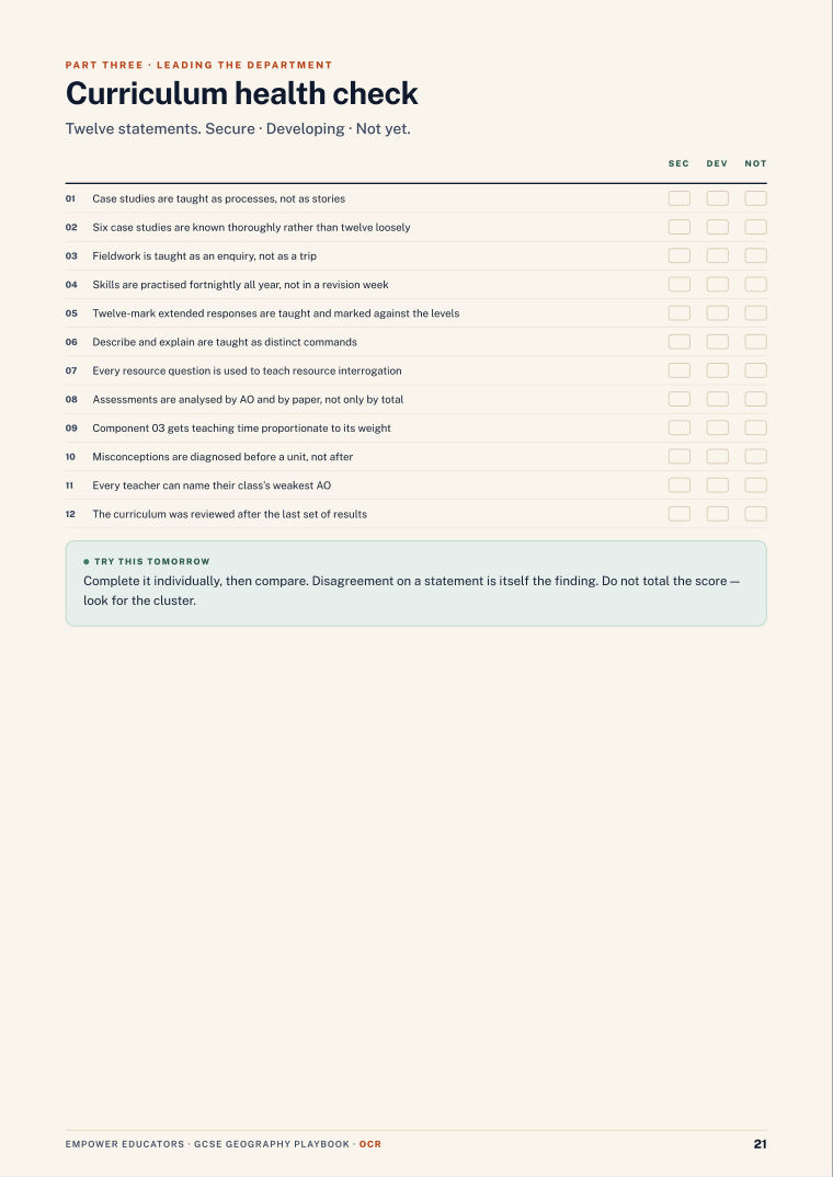 Curriculum health check (tool) · OCR GCSE Geography A Assessment Objectives — Exam Preparation, page 21