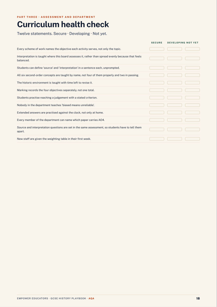 Curriculum health check (tool) · AQA GCSE History Assessment Objectives — Exam Preparation, page 18