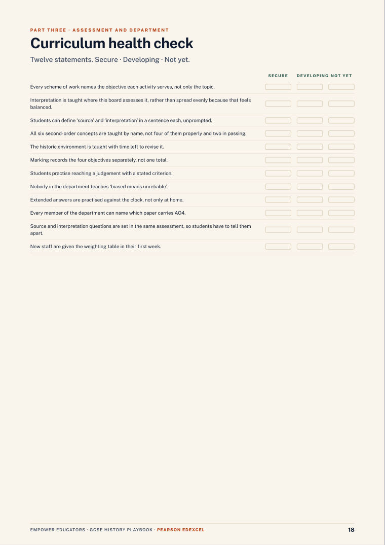 Curriculum health check (tool) · Pearson Edexcel GCSE History Assessment Objectives — Exam Preparation, page 18