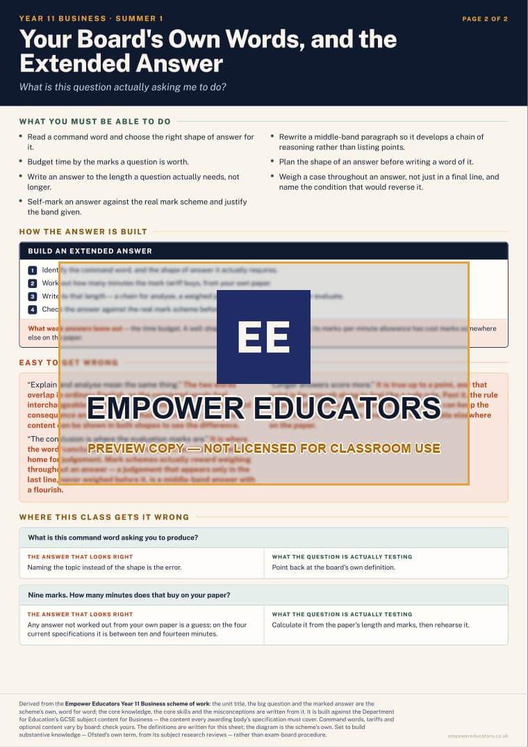 Your Board’s Own Words, and the Extended Answer · Year 11 Business Knowledge Organisers, page 10