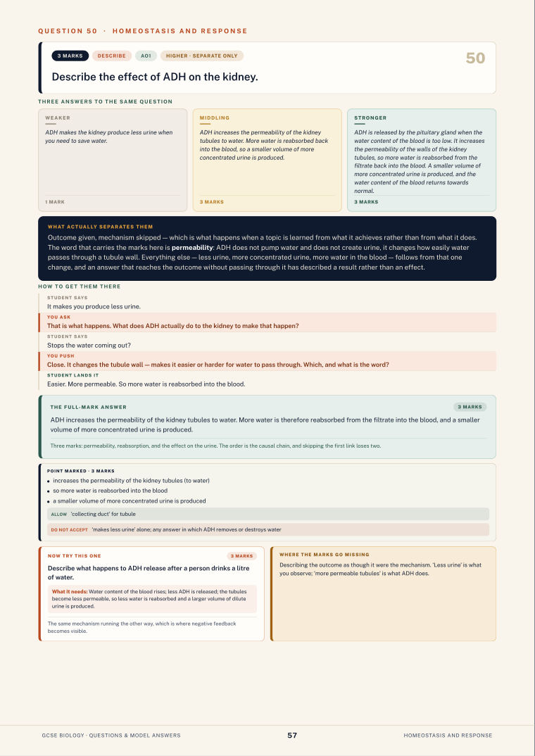 Question 50 · Homeostasis and response · GCSE Biology Questions & Model Answers, page 57