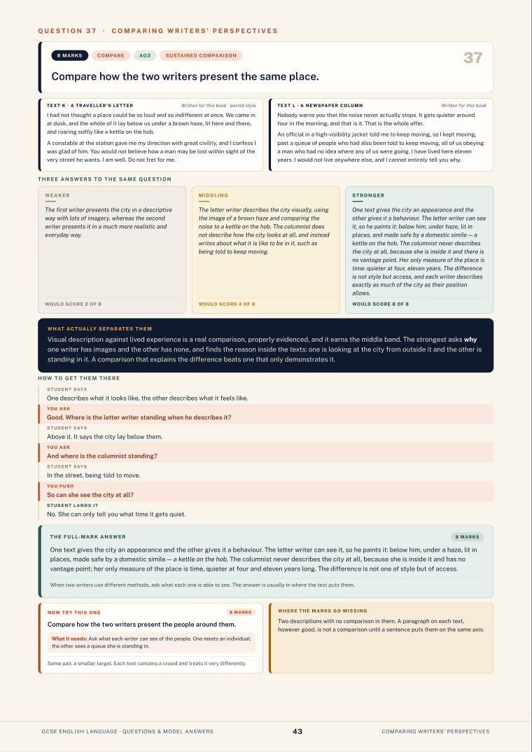 Question 37 · Comparing writers’ perspectives · GCSE English Language Questions & Model Answers, page 43