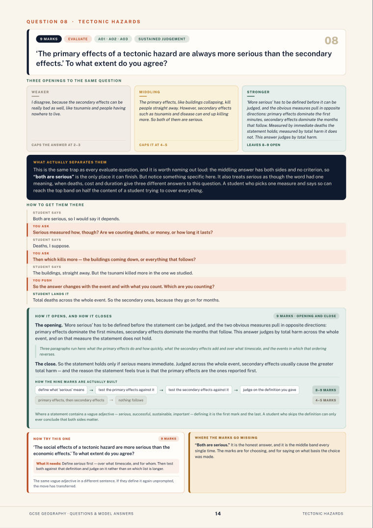 Question 08 · Tectonic hazards · GCSE Geography Questions & Model Answers, page 14