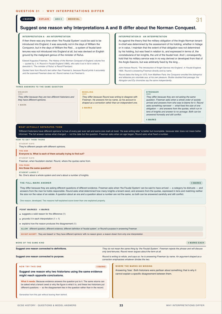 Question 31 · Why interpretations differ · GCSE History Questions & Model Answers, page 33