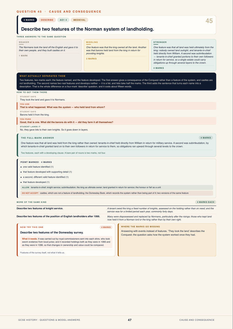 Question 45 · Cause and consequence · GCSE History Questions & Model Answers, page 47