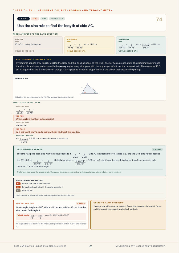 Question 74 · Mensuration, Pythagoras and trigonometry · GCSE Mathematics Questions & Model Answers, page 81