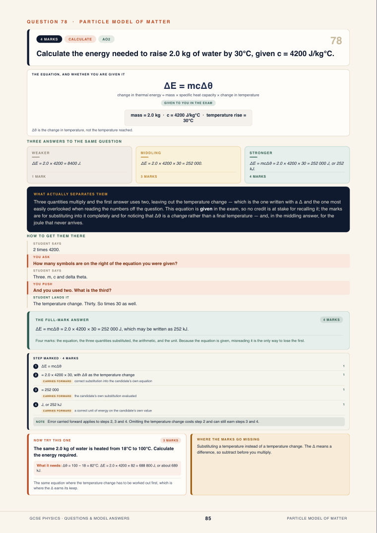 Question 78 · Particle model of matter · GCSE Physics Questions & Model Answers, page 85