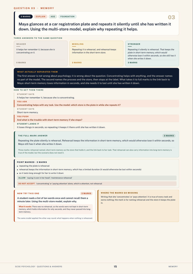 Question 03 · Memory · GCSE Psychology Questions & Answers, page 15