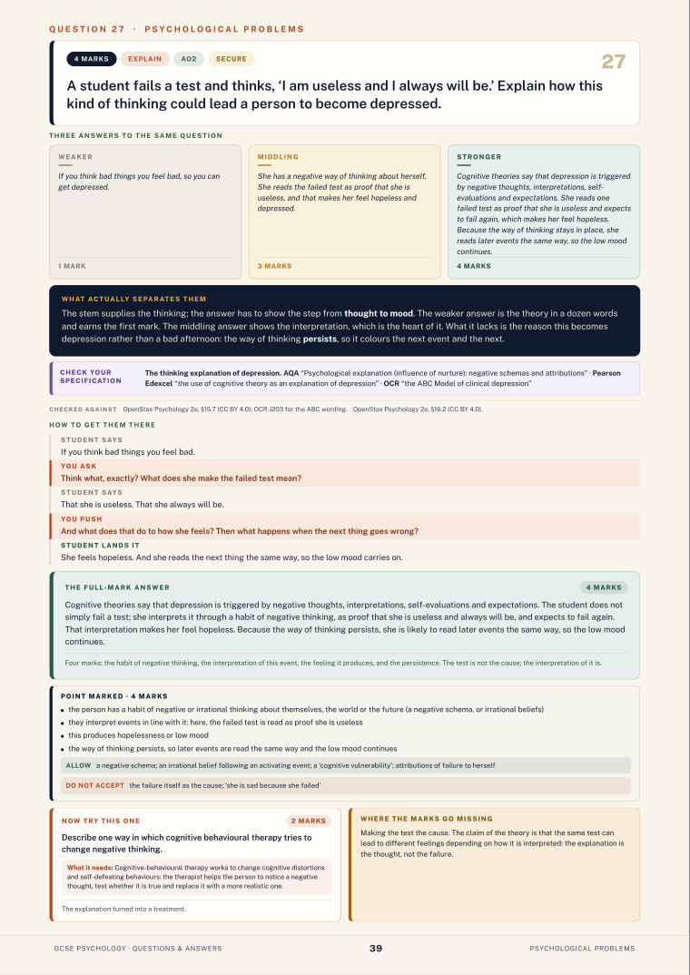 Question 27 · Psychological problems · GCSE Psychology Questions & Answers, page 39