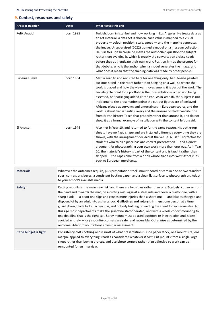 2A · Resolving and Presenting the Portfolio · Year 11 Art & Design Scheme of Work, page 27