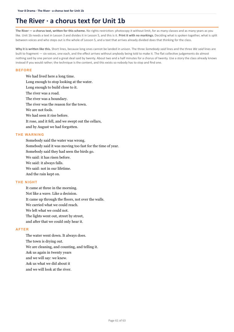 The River · a chorus text for Unit 1b · Year 8 Drama Scheme of Work, page 61