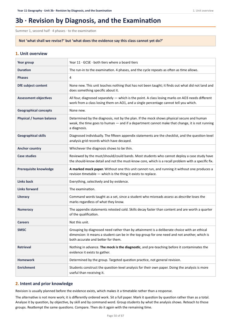 3B · Revision by Diagnosis, and the Examination · Year 11 Geography Scheme of Work, page 50
