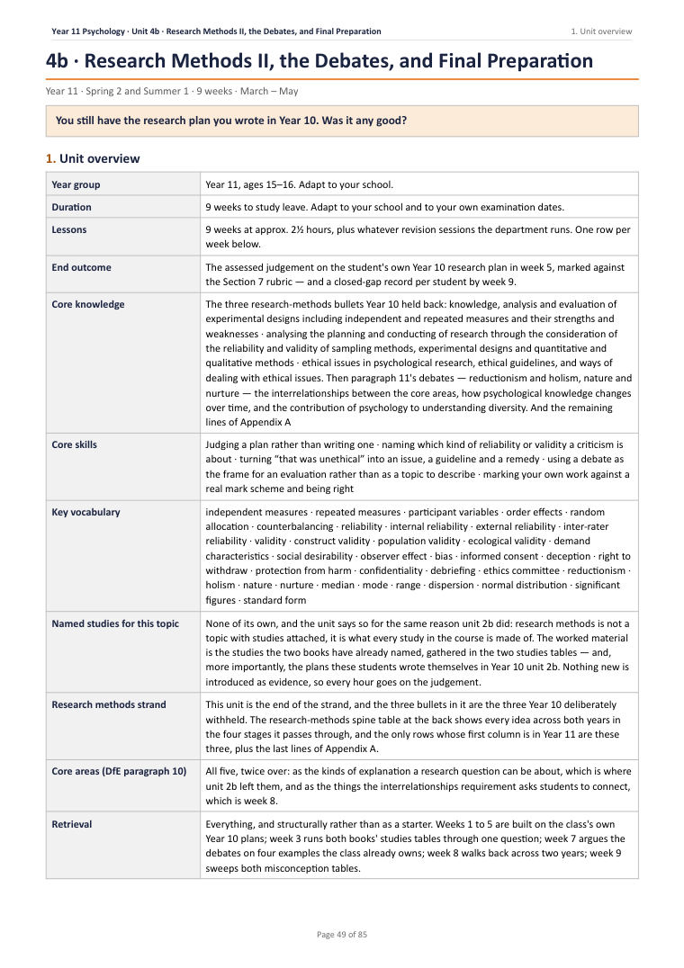 4B · Research Methods II, the Debates, and Final Preparation · Year 11 Psychology Scheme of Work, page 49