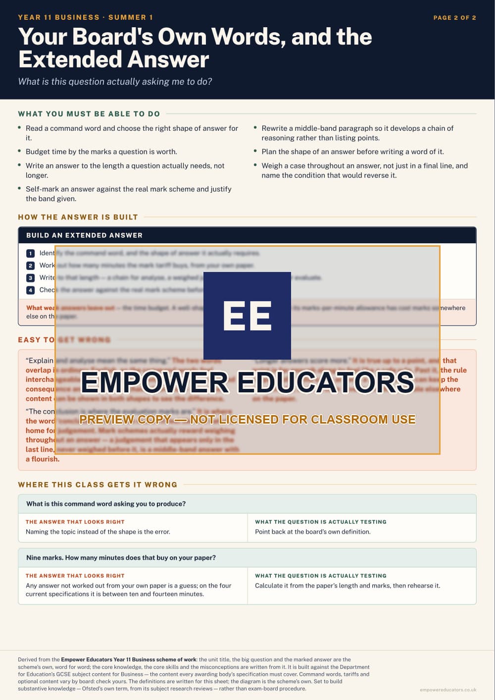 Your Board’s Own Words, and the Extended Answer · Year 11 Business Knowledge Organisers, page 10