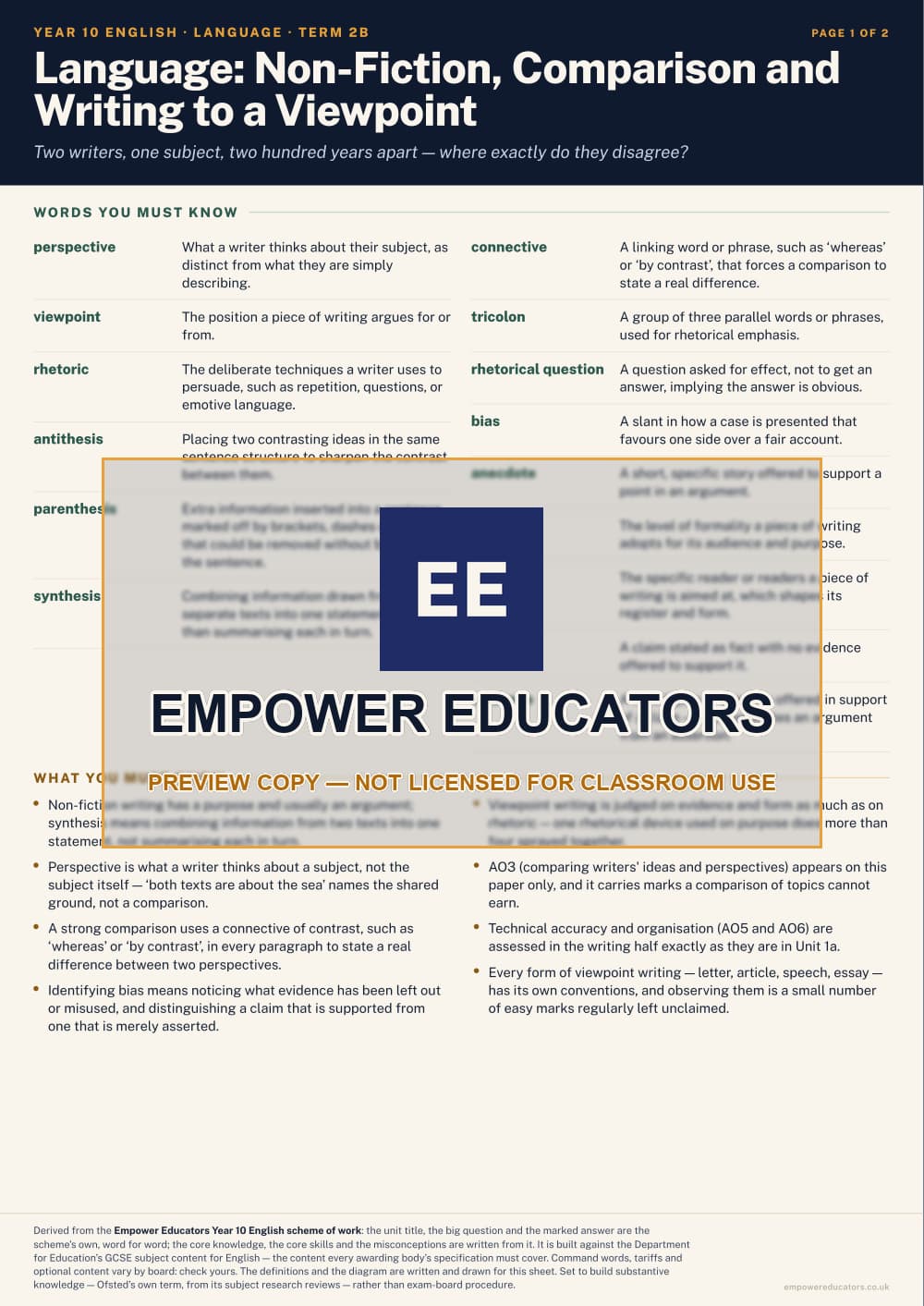 Language: Non-Fiction, Comparison and Writing to a Viewpoint · Year 10 English Knowledge Organisers, page 7
