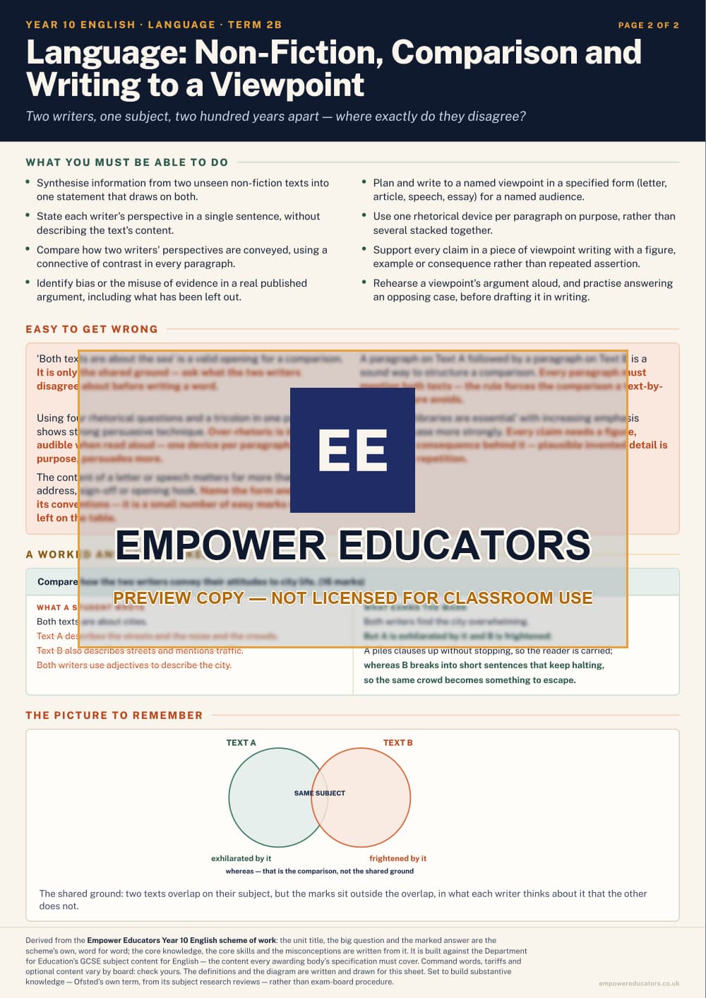 Language: Non-Fiction, Comparison and Writing to a Viewpoint · Year 10 English Knowledge Organisers, page 8