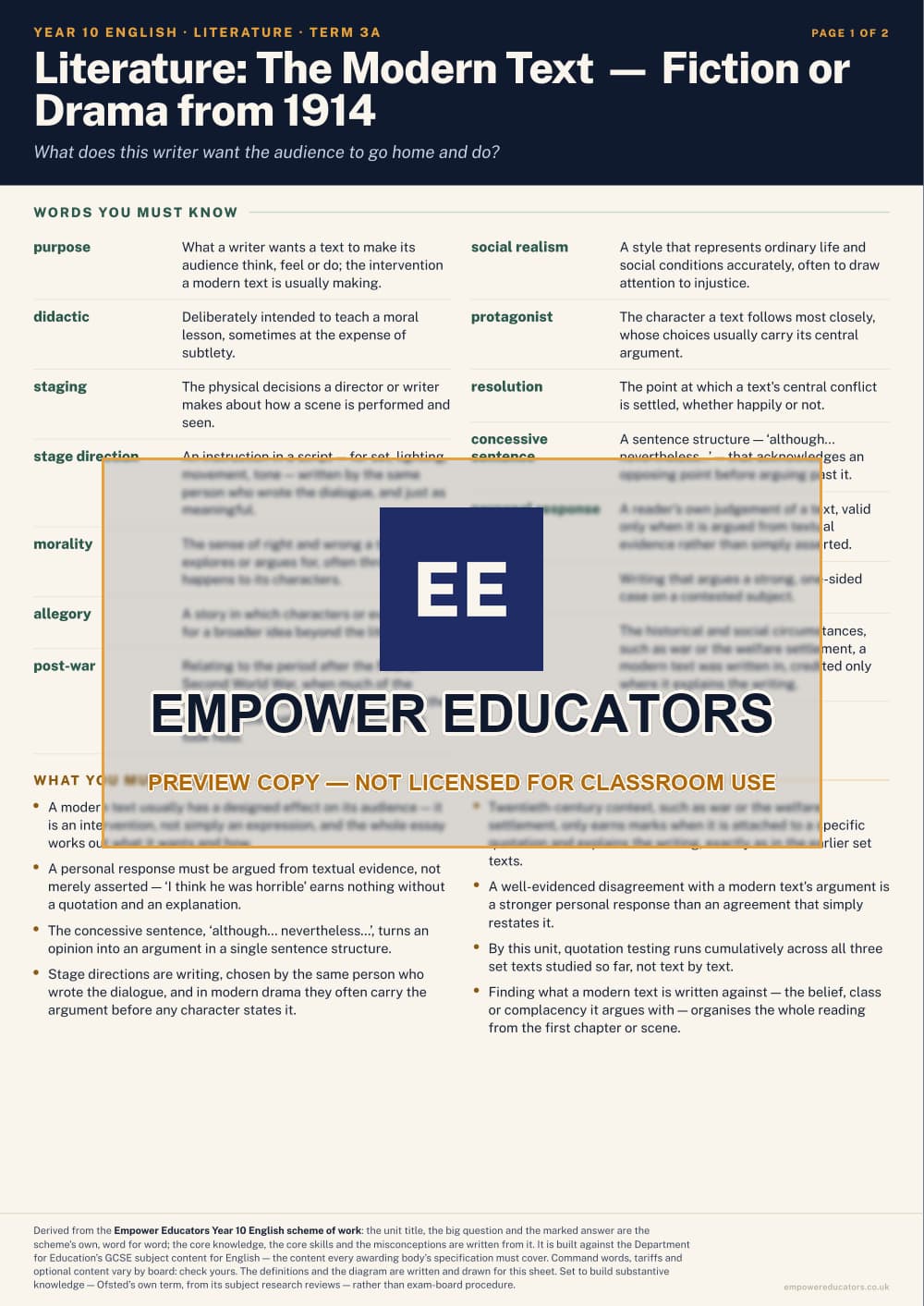 Literature: The Modern Text — Fiction or Drama from 1914 · Year 10 English Knowledge Organisers, page 9