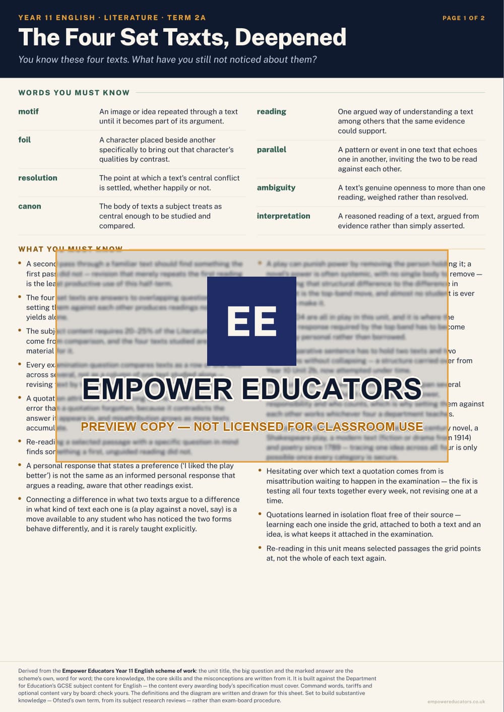 The Four Set Texts, Deepened · Year 11 English Knowledge Organisers, page 5