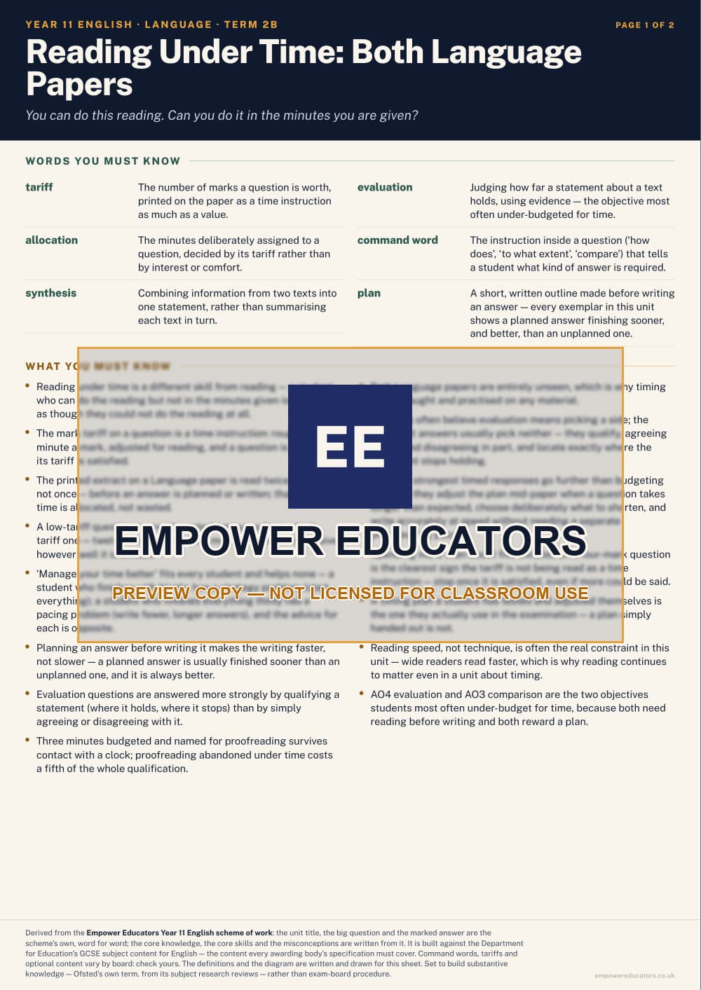 Reading Under Time: Both Language Papers · Year 11 English Knowledge Organisers, page 7