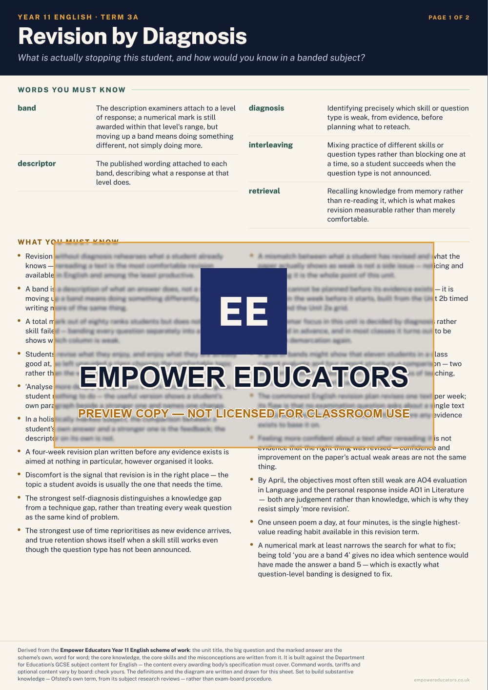 Revision by Diagnosis · Year 11 English Knowledge Organisers, page 9