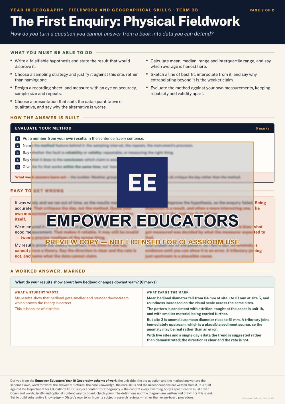 The First Enquiry: Physical Fieldwork · Year 10 Geography Knowledge Organisers, page 12
