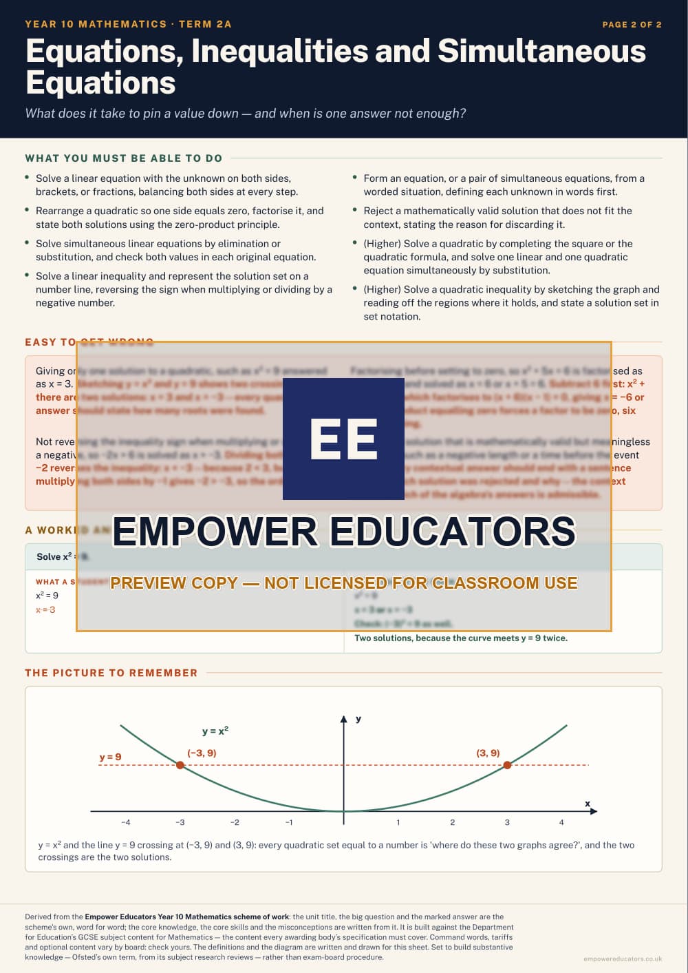 Equations, Inequalities and Simultaneous Equations · Year 10 Mathematics Knowledge Organisers, page 6