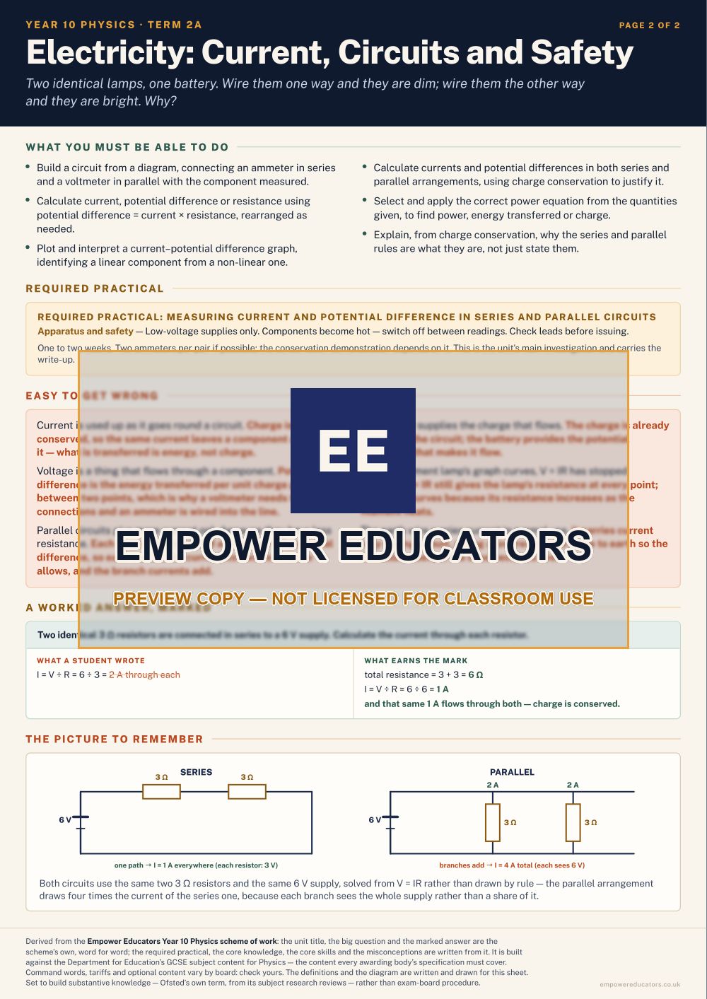 Electricity: Current, Circuits and Safety · Year 10 Physics Knowledge Organisers, page 6