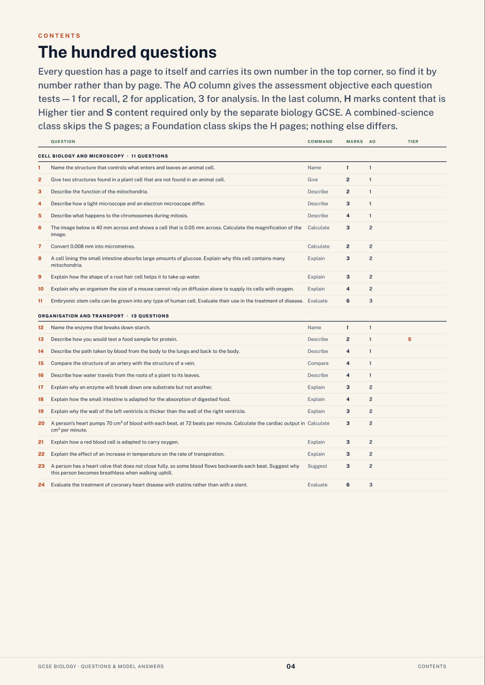 Contents · GCSE Biology Questions & Model Answers, page 4