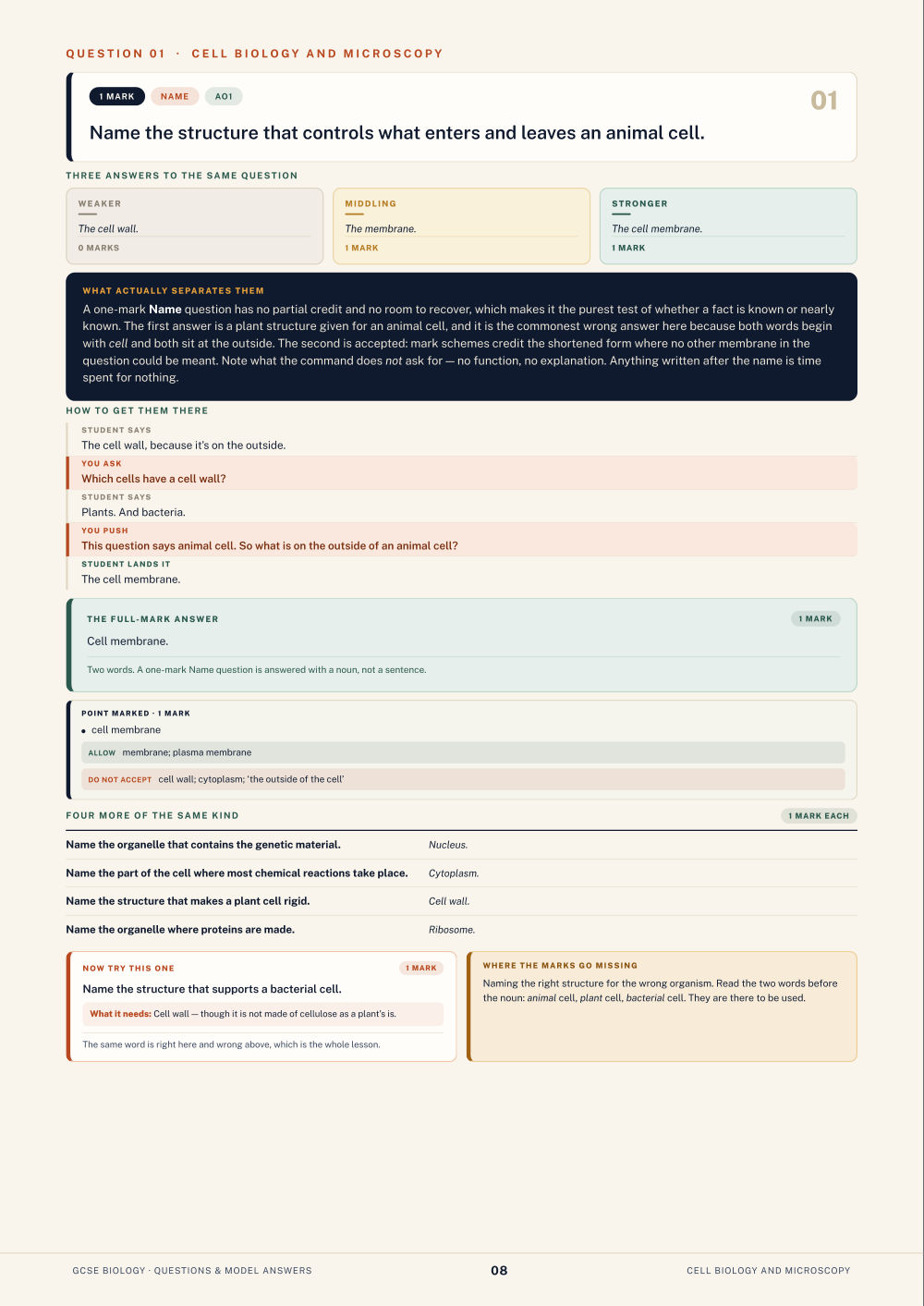 Question 01 · Cell biology and microscopy · GCSE Biology Questions & Model Answers, page 8