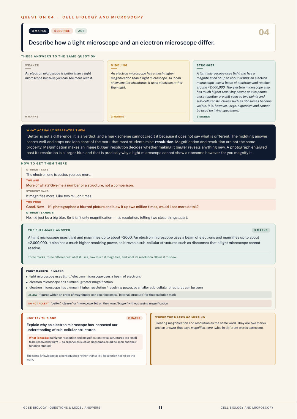Question 04 · Cell biology and microscopy · GCSE Biology Questions & Model Answers, page 11