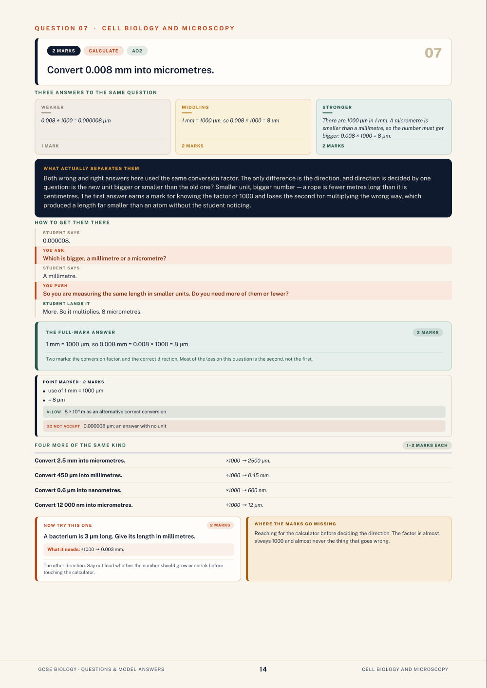 Question 07 · Cell biology and microscopy · GCSE Biology Questions & Model Answers, page 14