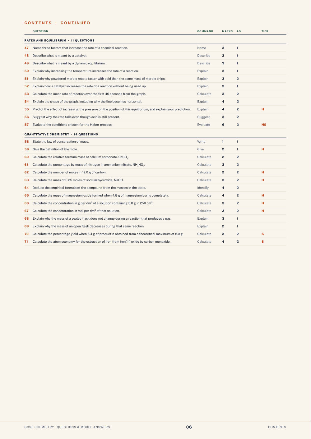 Contents · GCSE Chemistry Questions & Model Answers, page 6