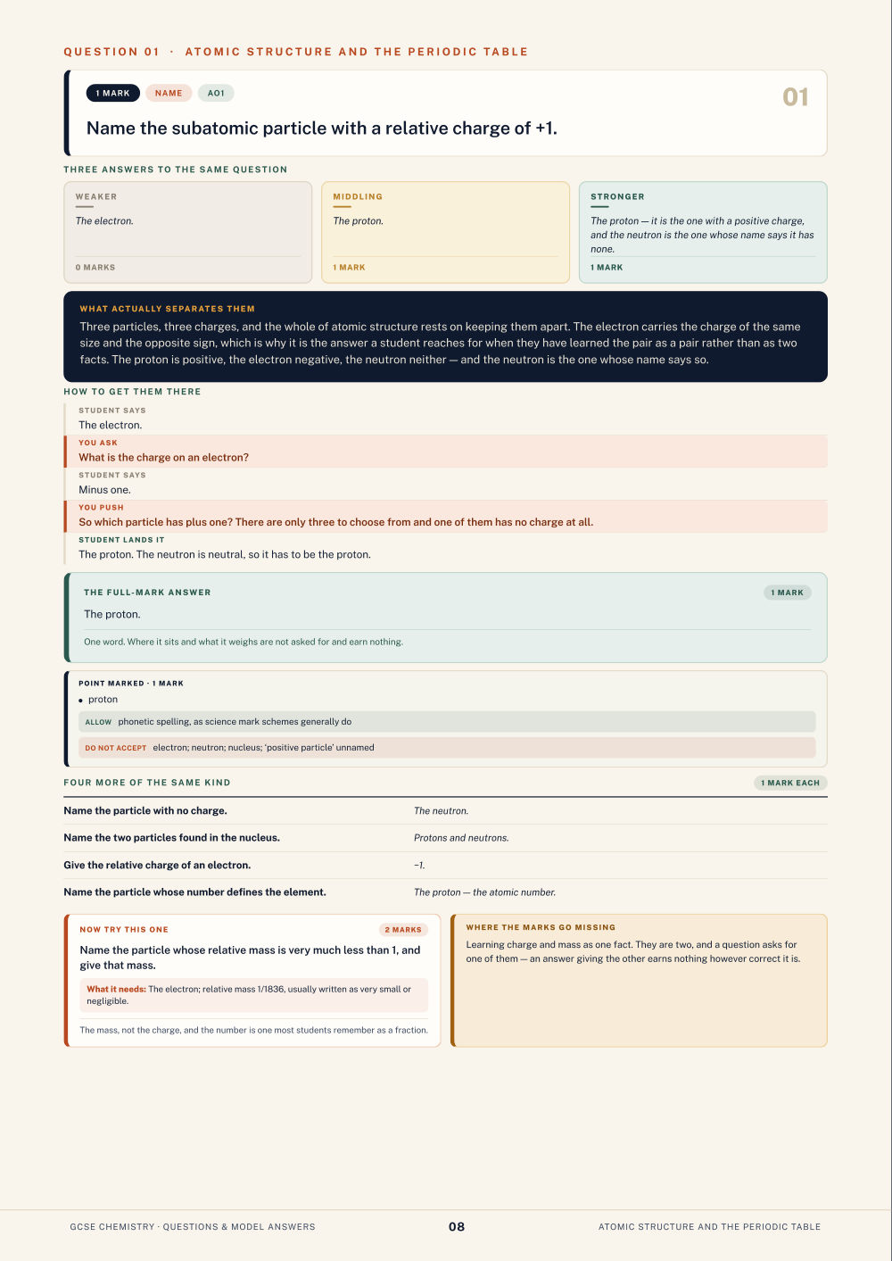 Question 01 · Atomic structure and the periodic table · GCSE Chemistry Questions & Model Answers, page 8