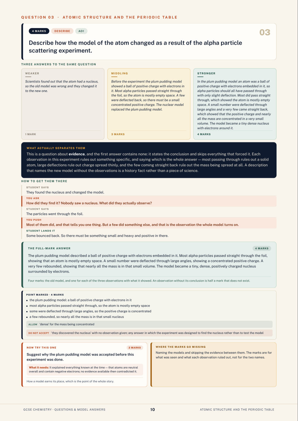 Question 03 · Atomic structure and the periodic table · GCSE Chemistry Questions & Model Answers, page 10