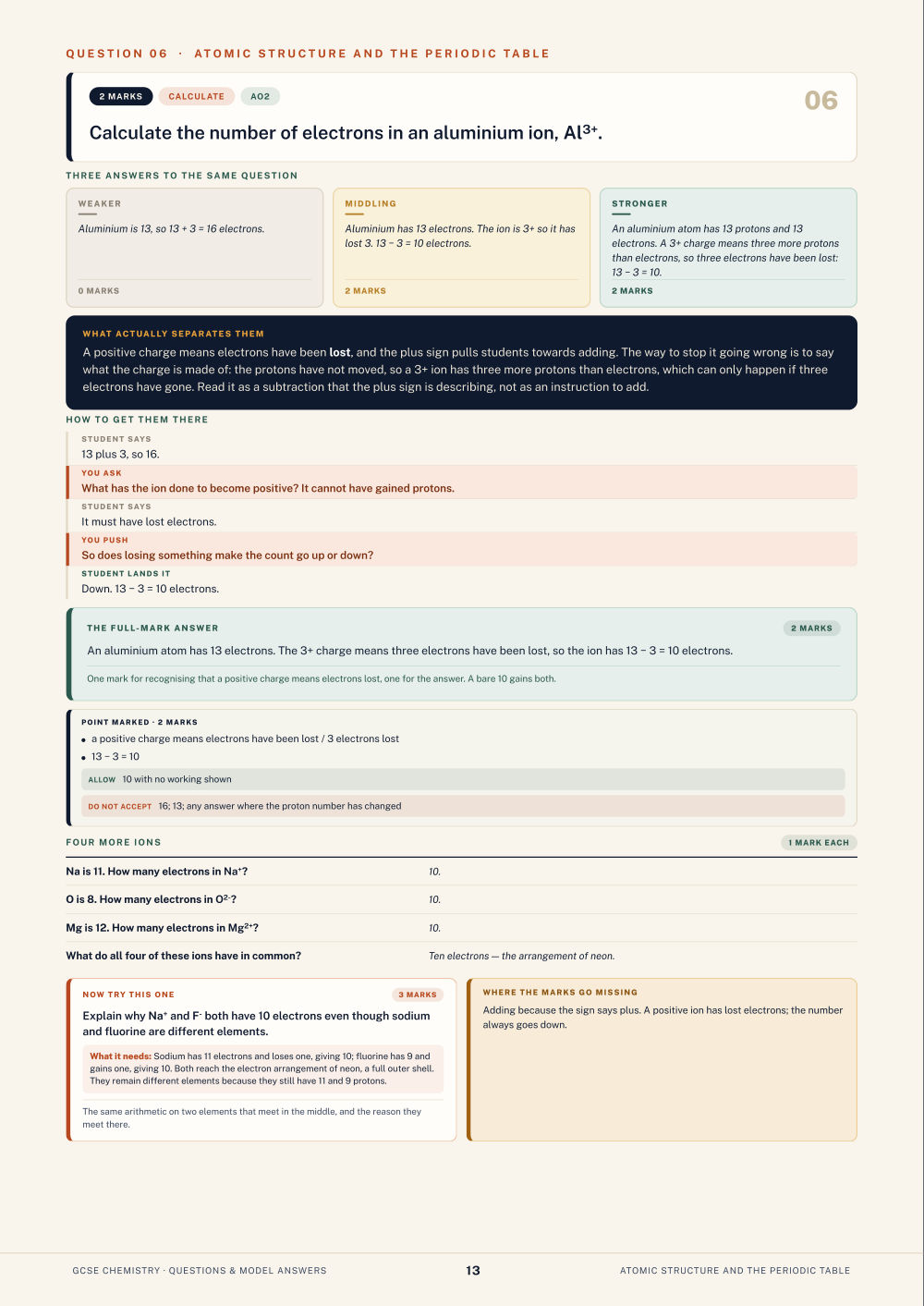 Question 06 · Atomic structure and the periodic table · GCSE Chemistry Questions & Model Answers, page 13