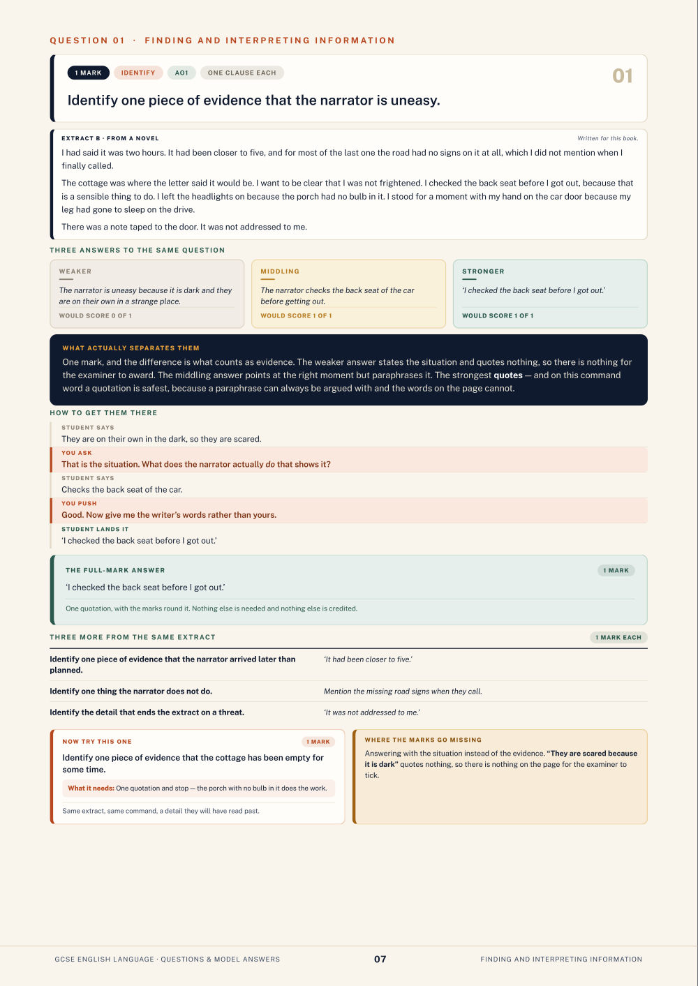 Question 01 · Finding and interpreting information · GCSE English Language Questions & Model Answers, page 7