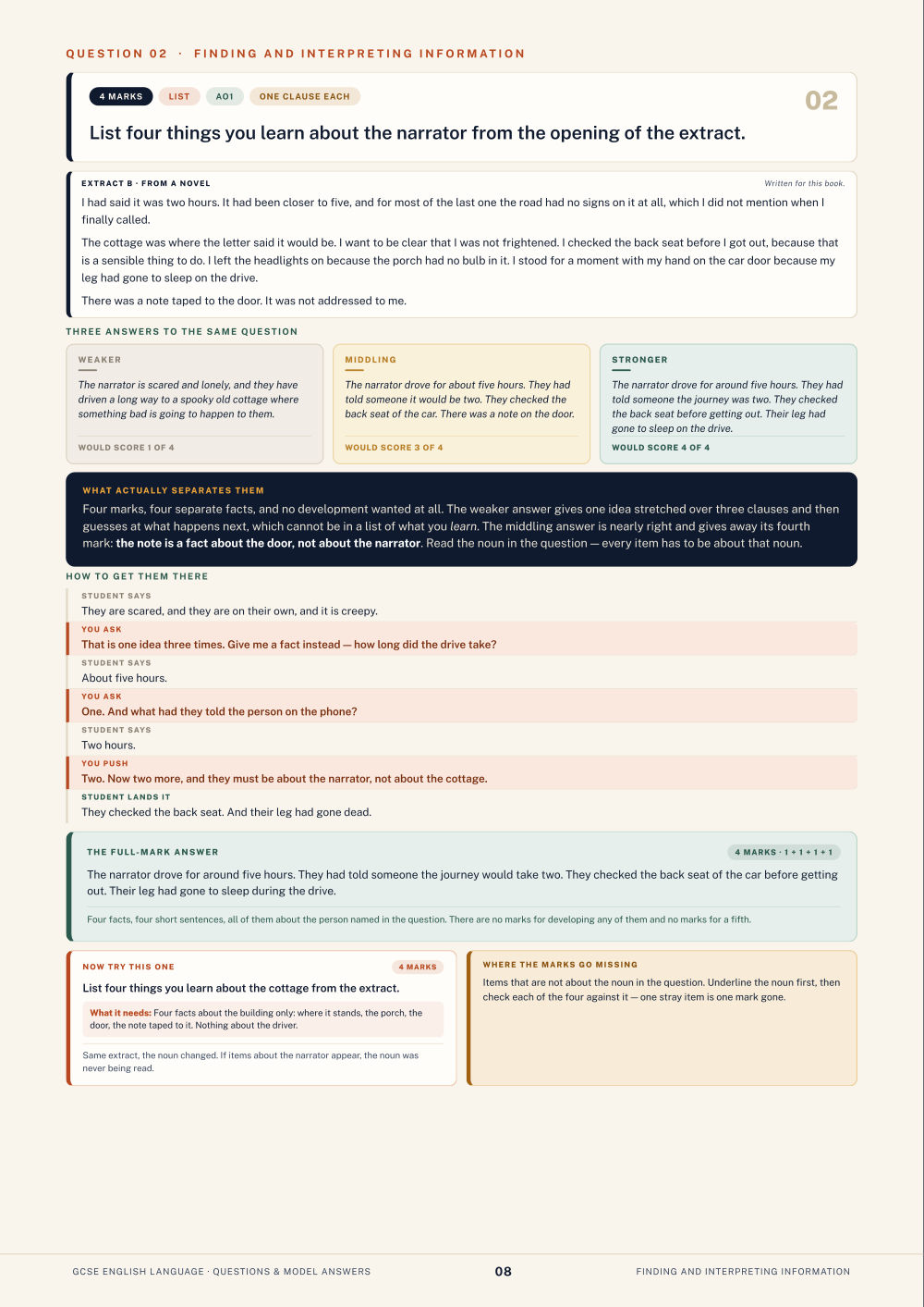 Question 02 · Finding and interpreting information · GCSE English Language Questions & Model Answers, page 8