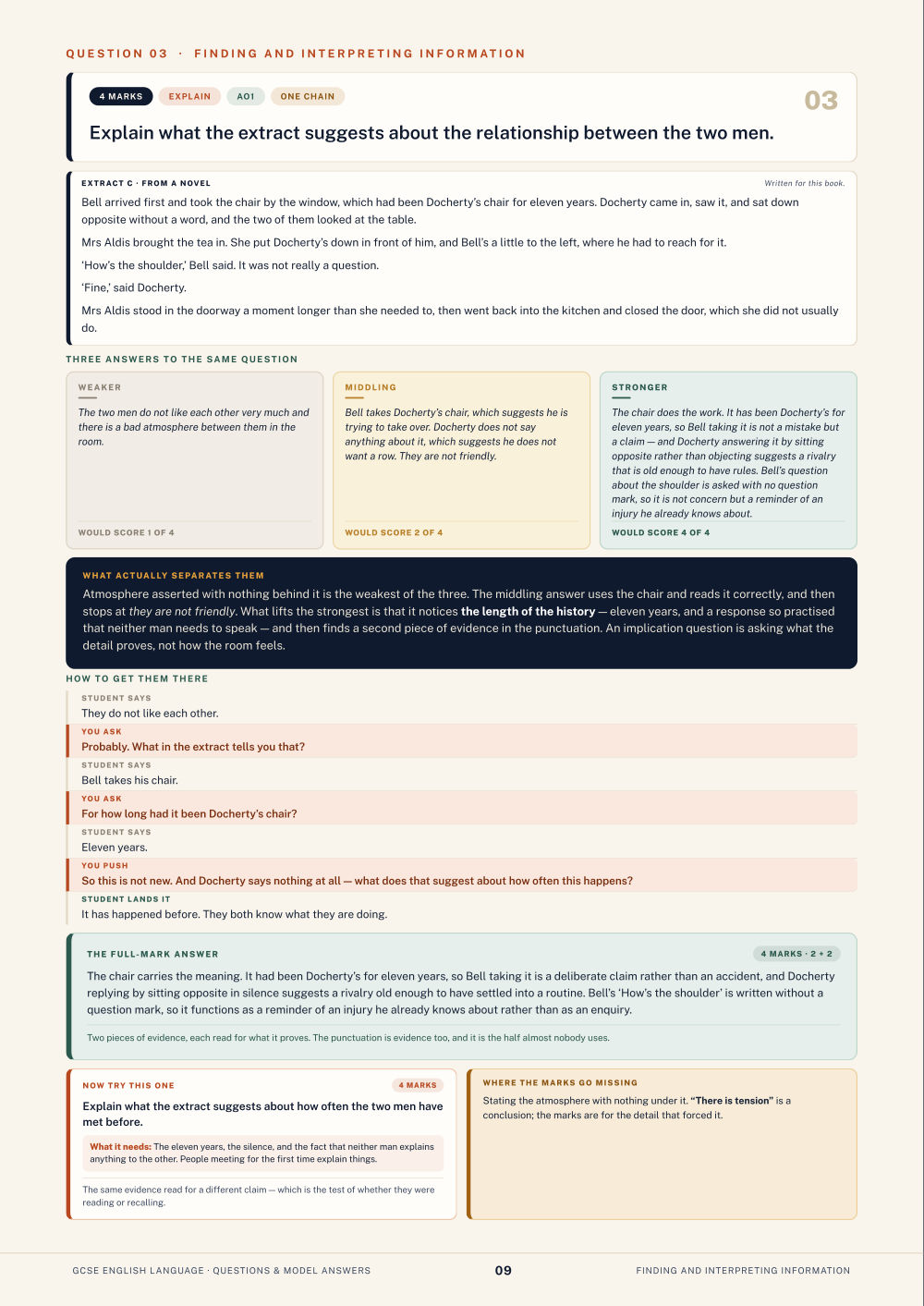 Question 03 · Finding and interpreting information · GCSE English Language Questions & Model Answers, page 9