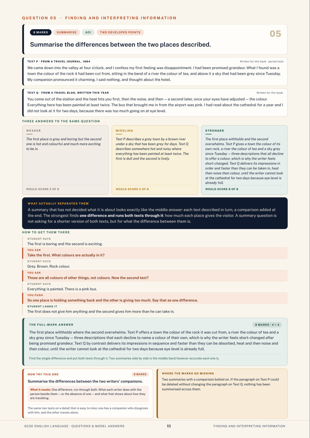 Question 05 · Finding and interpreting information · GCSE English Language Questions & Model Answers, page 11