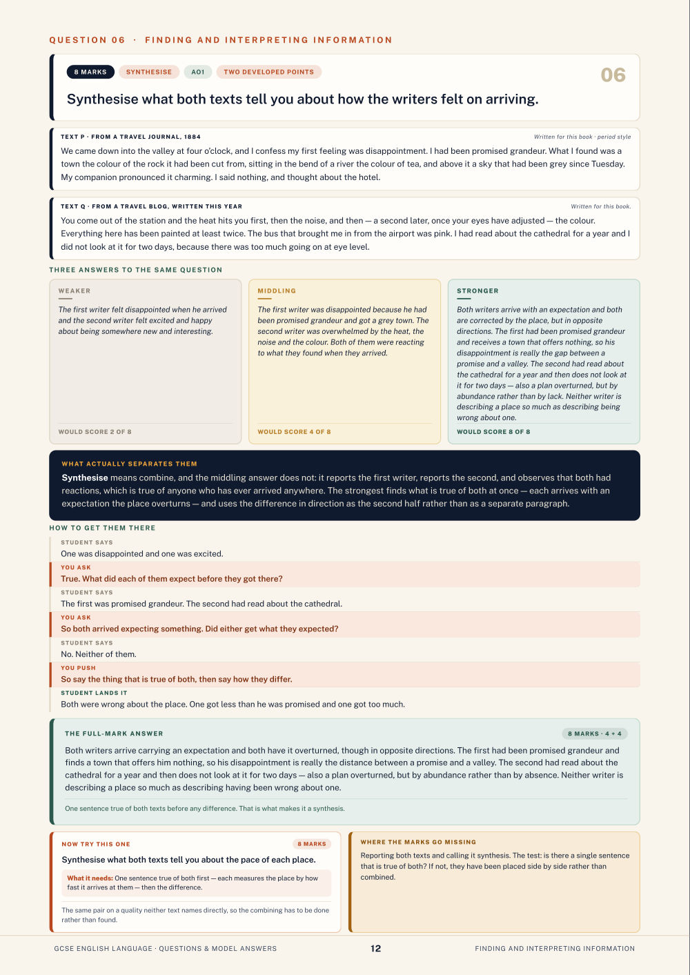 Question 06 · Finding and interpreting information · GCSE English Language Questions & Model Answers, page 12