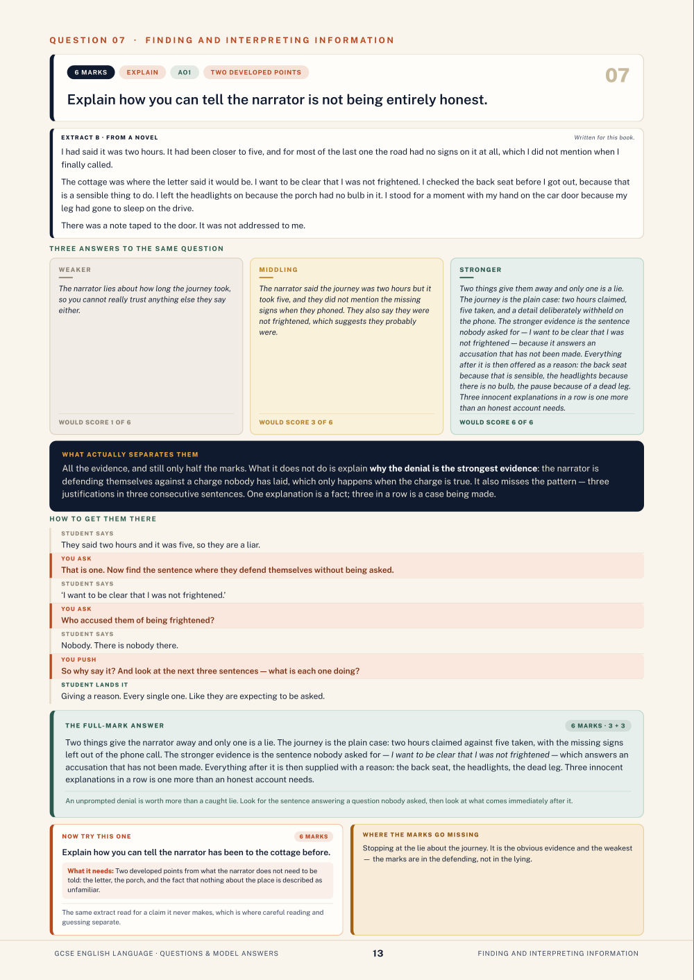 Question 07 · Finding and interpreting information · GCSE English Language Questions & Model Answers, page 13