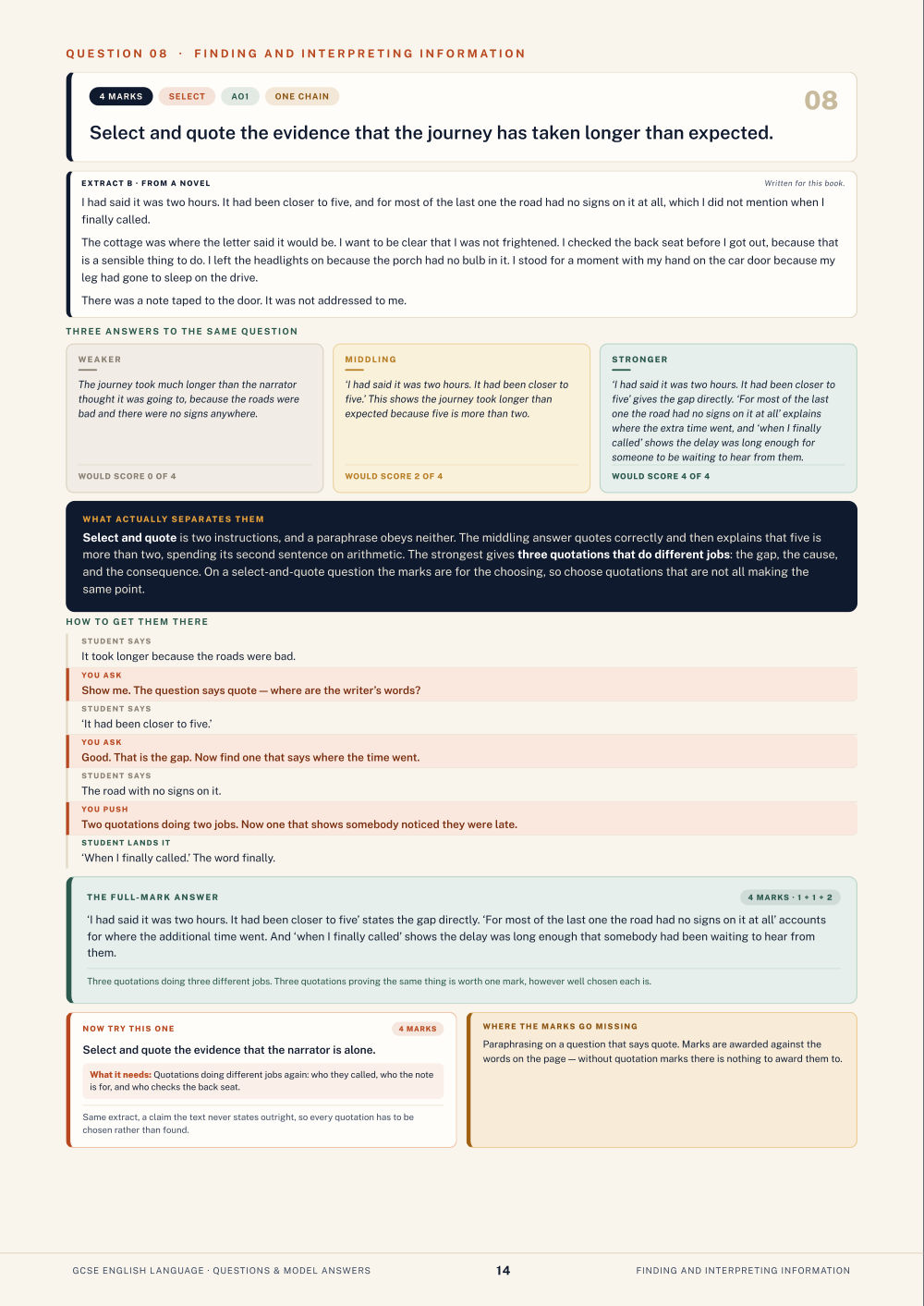 Question 08 · Finding and interpreting information · GCSE English Language Questions & Model Answers, page 14