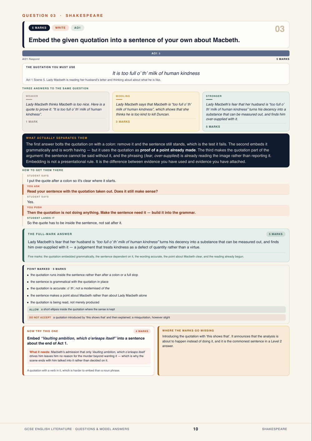 Question 03 · Shakespeare · GCSE English Literature Questions & Model Answers, page 10
